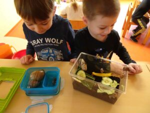 2 Kinder beobachten Insekten in 2 Kisten