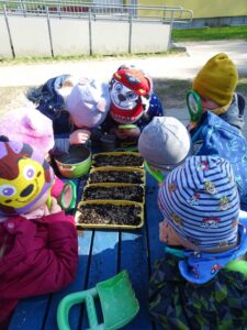 Kinder beobachten Minibeete und pflanzen Samen