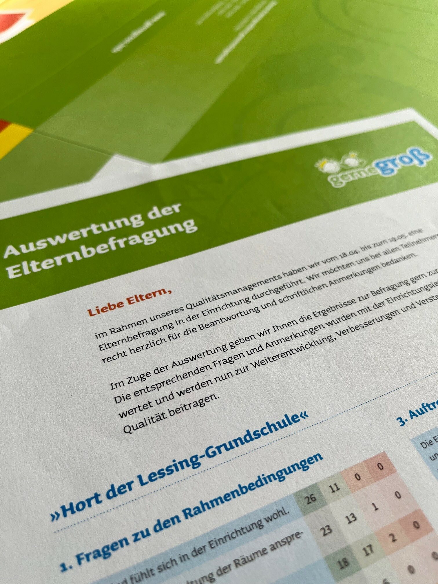 Foto einer ausgedruckten Seite, welche einen Teil der Auswertung zur Elternbefragung zeigt.