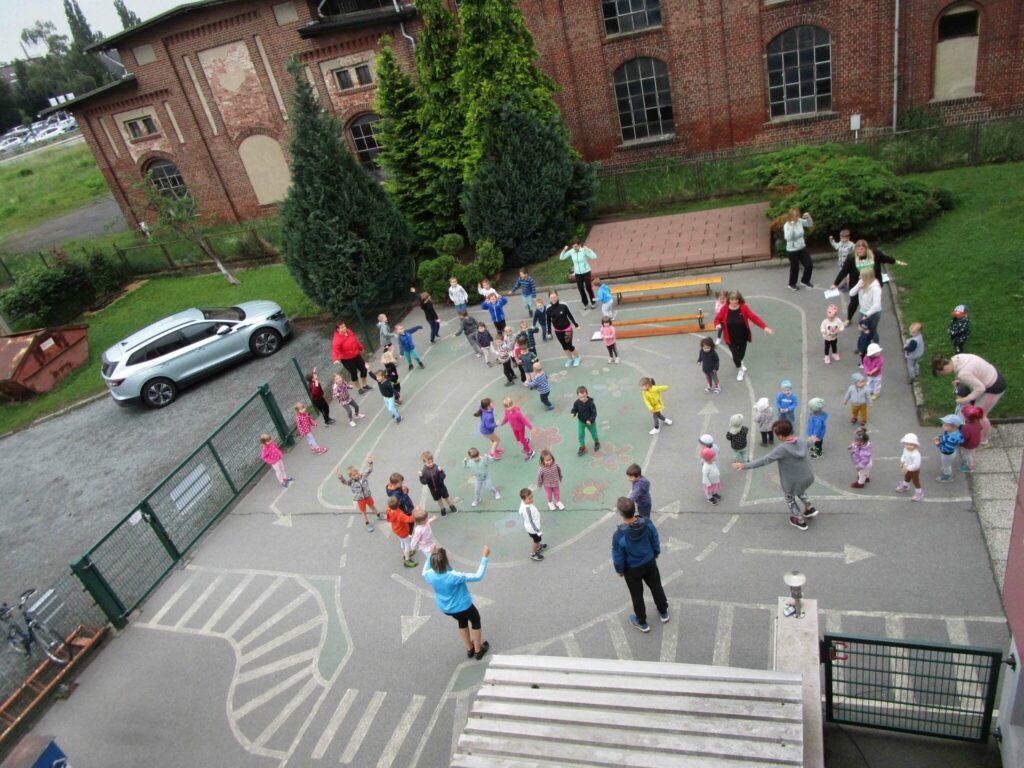 Hof der KiTa aus der Vogelperspektive fotografiert. Viele Kinder und Erzieher in Bewegung sind zu sehen.
